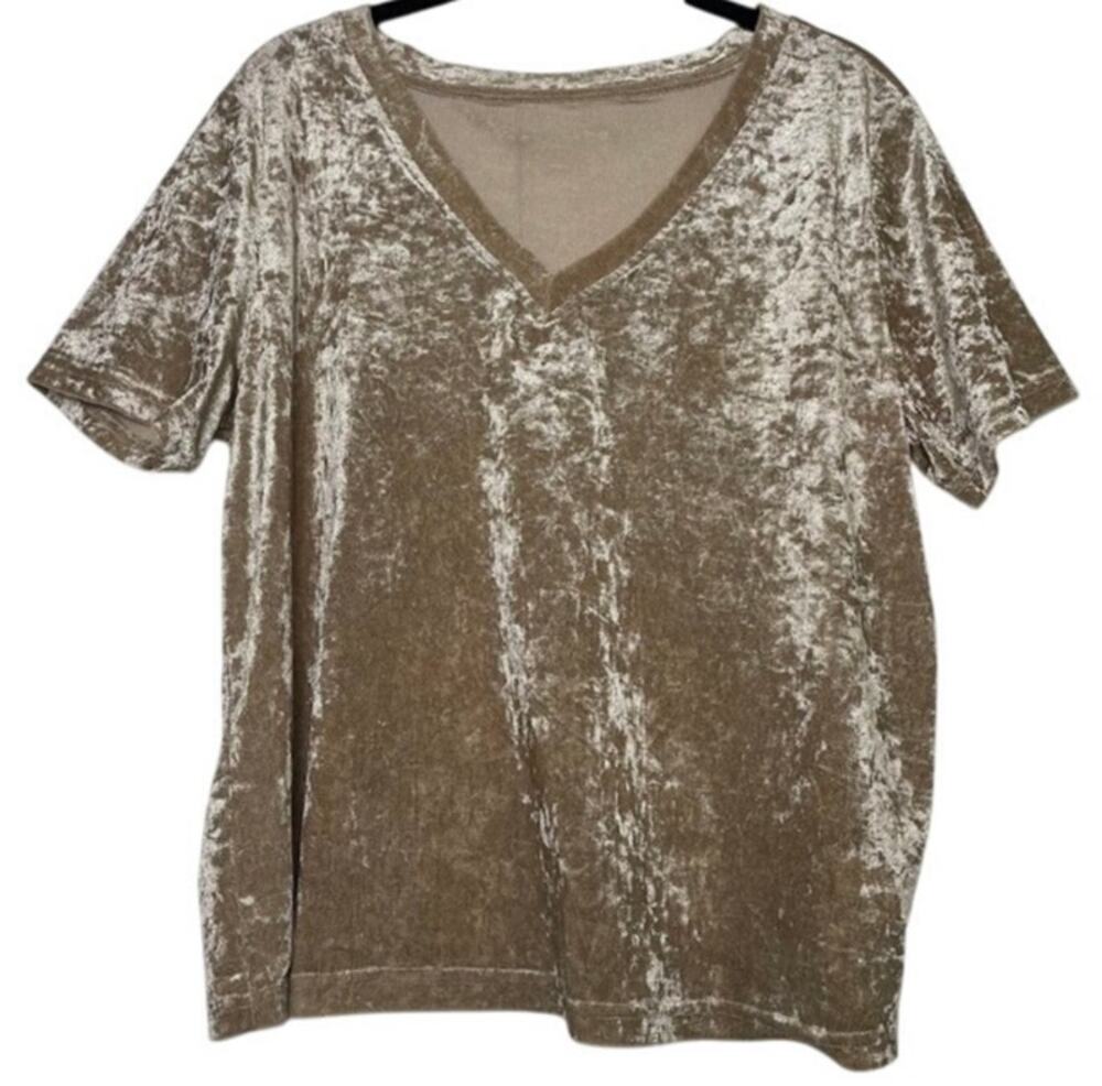 Dazy Velvet V-Neck Short‎ Sleeve Top Womens Relaxed Crushed Velvet T-Shirt Large